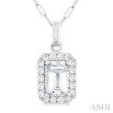 6x4 MM Octagonal Shape White Topaz and 1/6 Ctw Round Cut Diamond Halo Semi-Precious Pendant with Chain in 14K White Gold